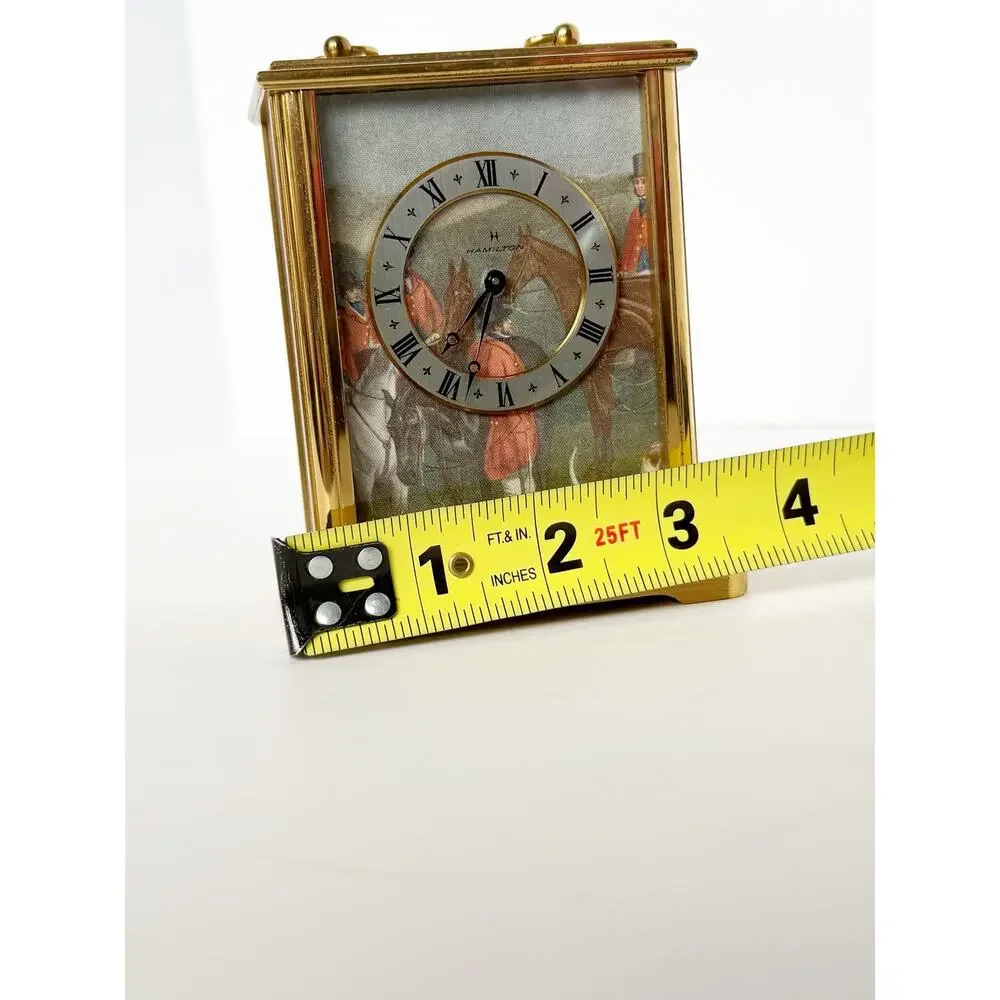 Vintage Hamilton Electronic Gold Brass Miniature Shelf Mantel Fox Hunt Clock